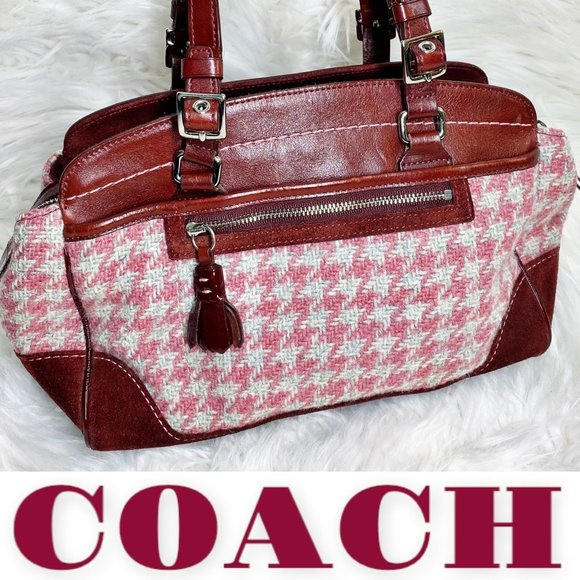 Vintage Coach Hampton Pink Houndstooth Satchel With Red Suede & Leather Trim - Picture 2 of 13